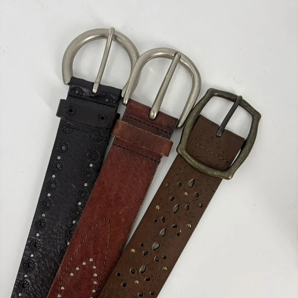 Fossil Belt Lot of 3 Boho Metal Studded Eyelet Genuine Leather Black Brown Y2K